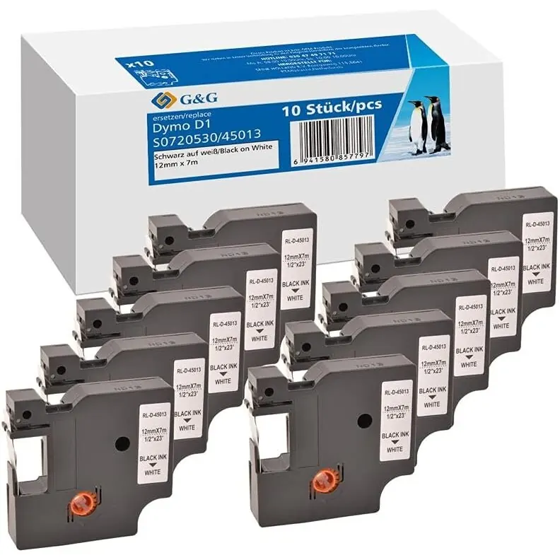 10er Pack G&G Schriftband kompatibel mit Dymo D1 / 45013 / S0720530 Schriftband (12mm x 7m) Schwarz auf weiß