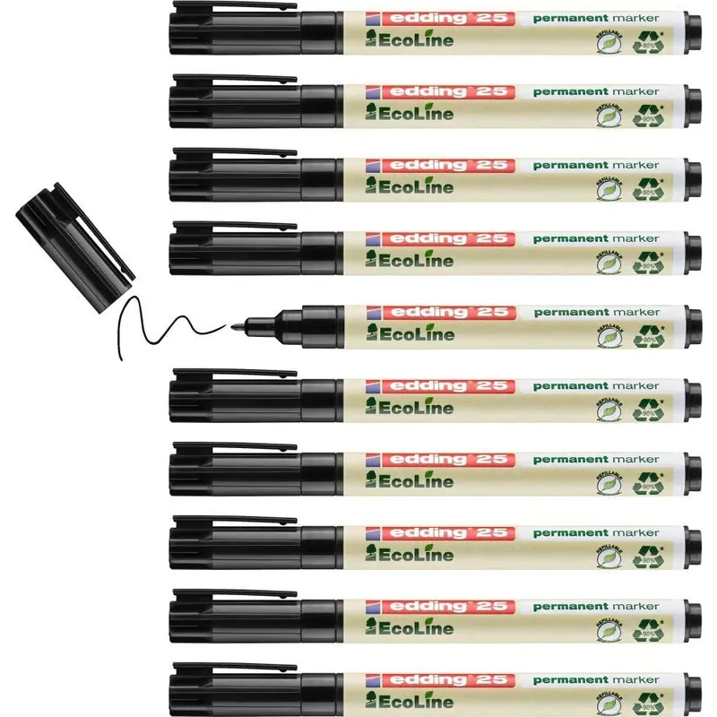 10x edding 25 EcoLine permanent marker - black - pen - round nib 1 mm - waterproof, quick-drying, smear-proof pens - for cardboard, plastic, glass, wood, metal and fabric - refillable