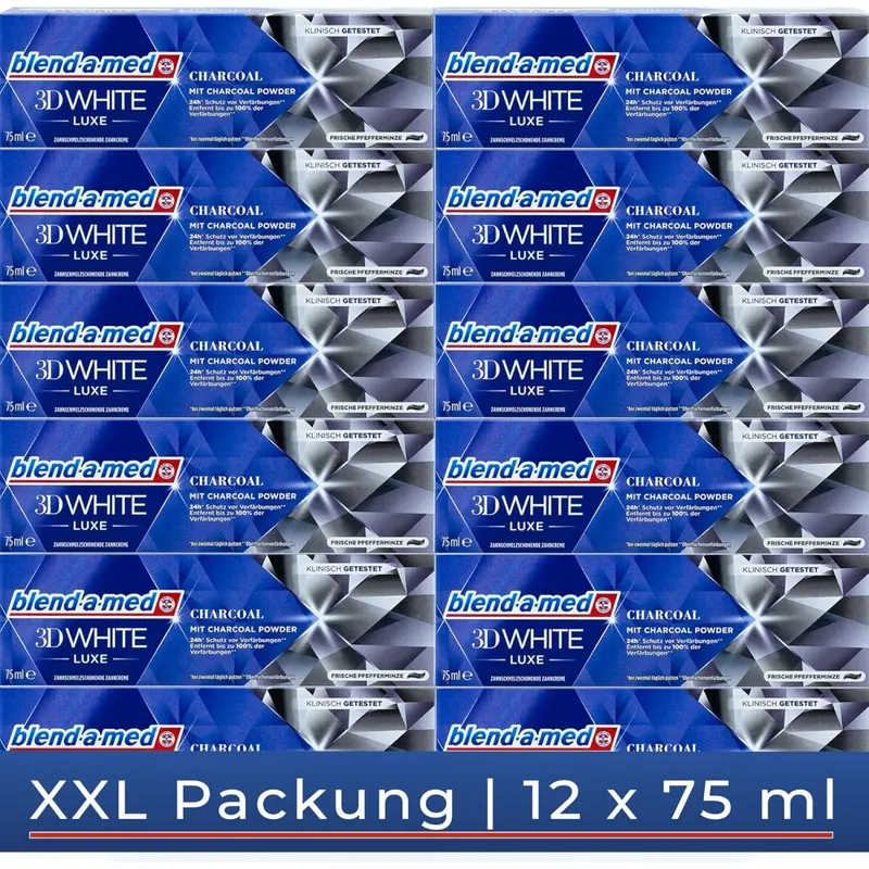 12x Blend-a-med Zahncreme 3D White Luxe Mit Aktivkohle, je 75 ml