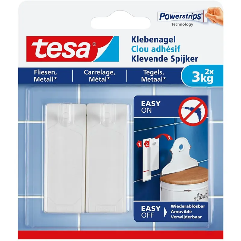 2 tesa Klebenagel für Fliesen und Metall, für max 2x 3 kg