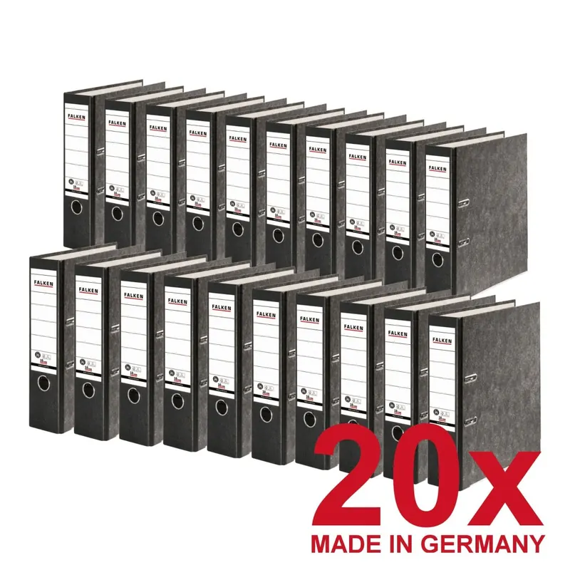 20x FALKEN Recycling Ordner DIN-A4, 8cm Wolkenmarmor schwarzer Rücken Ringordner Aktenordner Briefordner Büroordner Pappordner Made in Germany Blauer Engel
