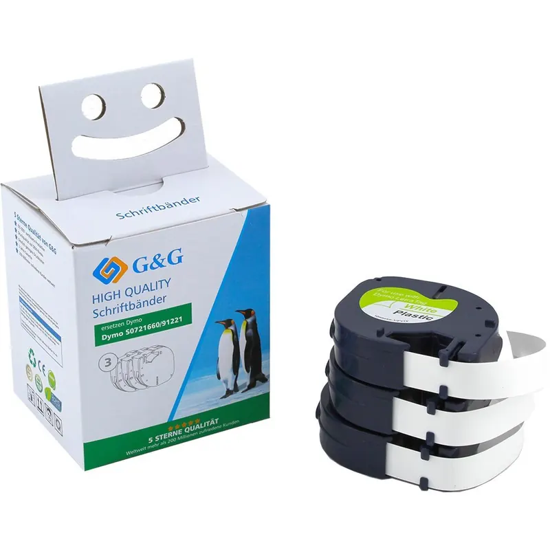 3er Pack G&G Schriftband kompatibel zu Dymo D1/91221/S0721660 (3 Stück je 12mm x 4m) schwarz auf weiß KUNSTSTOFF
