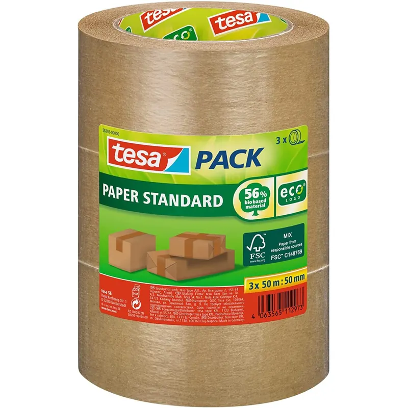 3er Set tesa PACK Papier Standard - Umweltschonendes Paketband aus Papier, 56 % biobasiertes Material - Effizient und recyclingfreundlich - Braun - 50 m x 50 mm