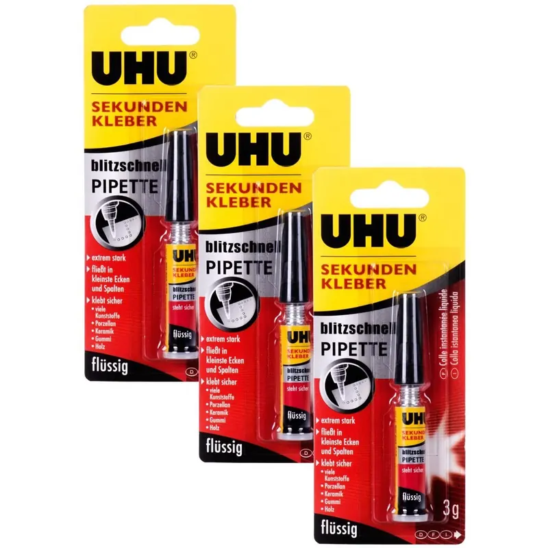 3x UHU 45570 Sekundenkleber blitzschnell Pipette Control, 3g