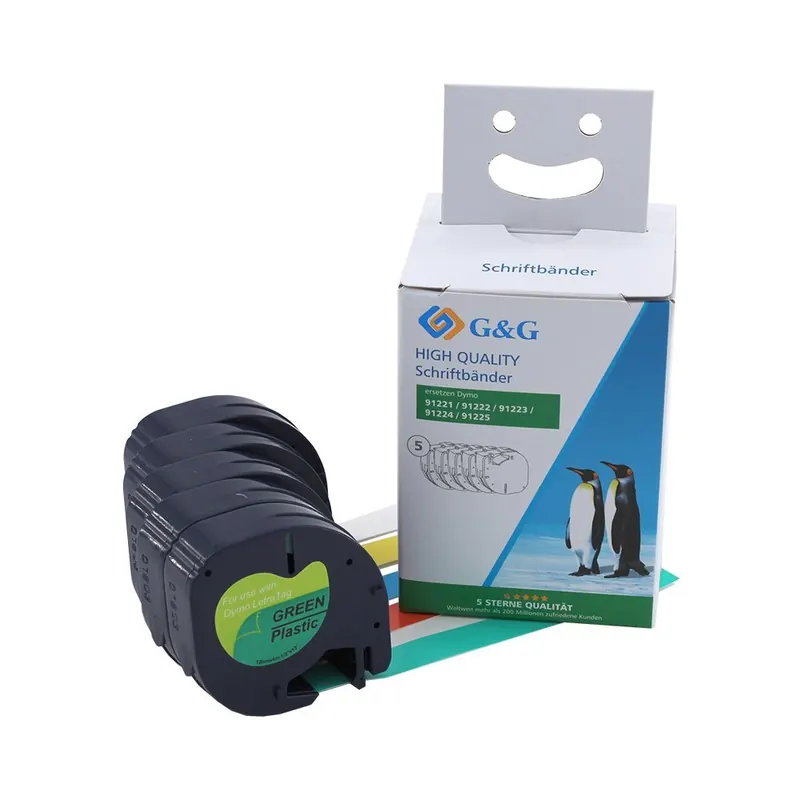 5er Pack G&G Schriftband kompitabel zu Dymo D1/91221/91222/91223/91224/91225 (5 Sück je 12mm x 4m) schwarz auf weiß/ gelb/ rot/ grün/ blau