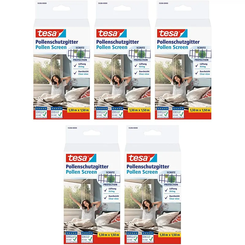 5x tesa Pollenschutzgitter 55286 für Fenster - zuschneidbares, wiederverwendbares Insektenschutzgitter für Allergiker - Anthrazit, 1,30 m x 1,50 m