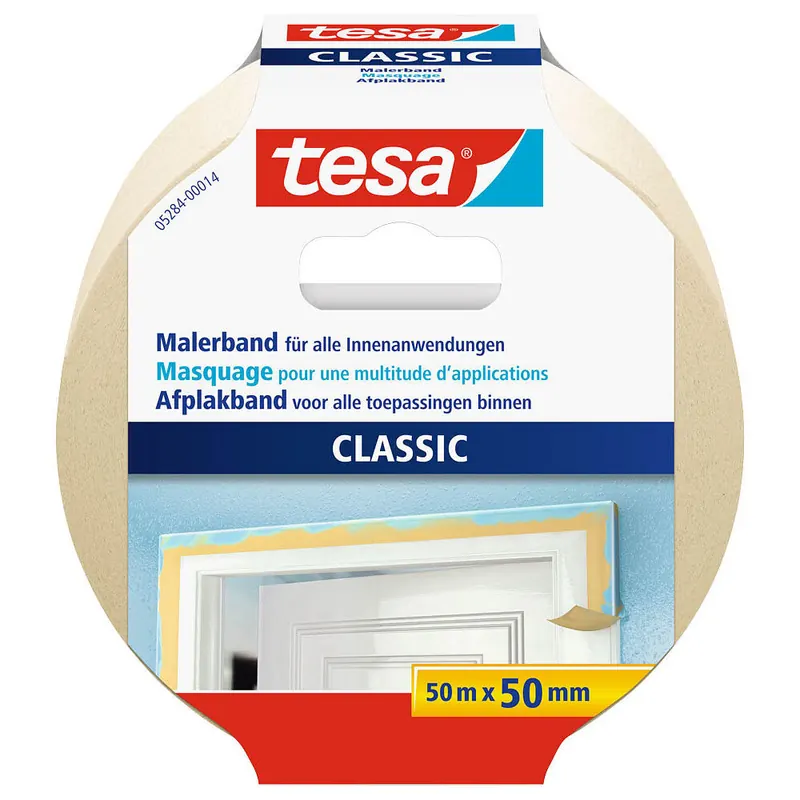 6 Rollen tesa Malerband CLASSIC - Abdeckband zum Abkleben bei Malerarbeiten - lösungsmittelfrei, rückstandslos entfernbar - 50 m x 50 mm