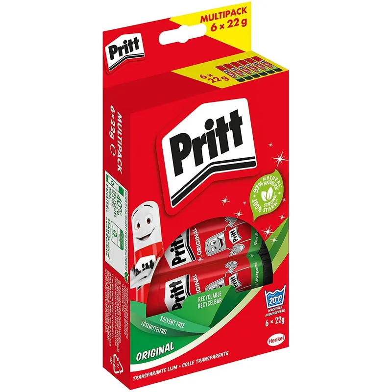 6er Pack Pritt Klebestift, sicherer und kinderfreundlicher Kleber für Kunst und Bastelarbeiten, starker Klebstoff für Schule & Bürobedarf, 6x22g Pritt Stift