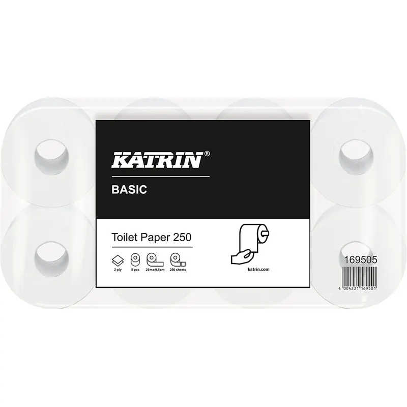 8 Rollen Toilettenpapier Katrin Basic Toilet 250, 2-lagiges Klopapier mit 250 Blatt | naturelles WC Papier, Klopapierrolle, Toilettenpapierrolle von Metsä Tissue