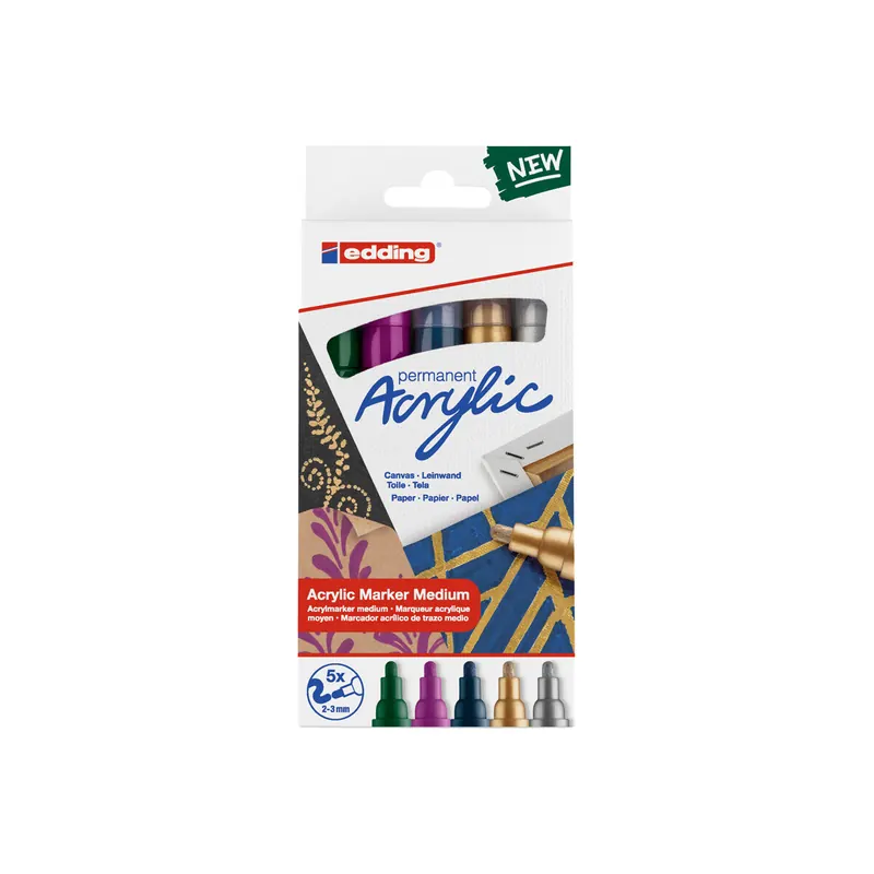 Acrylmarker edding 5100 - farbig sortiert 2-3 mm Rundspitze permanent 5er-Set