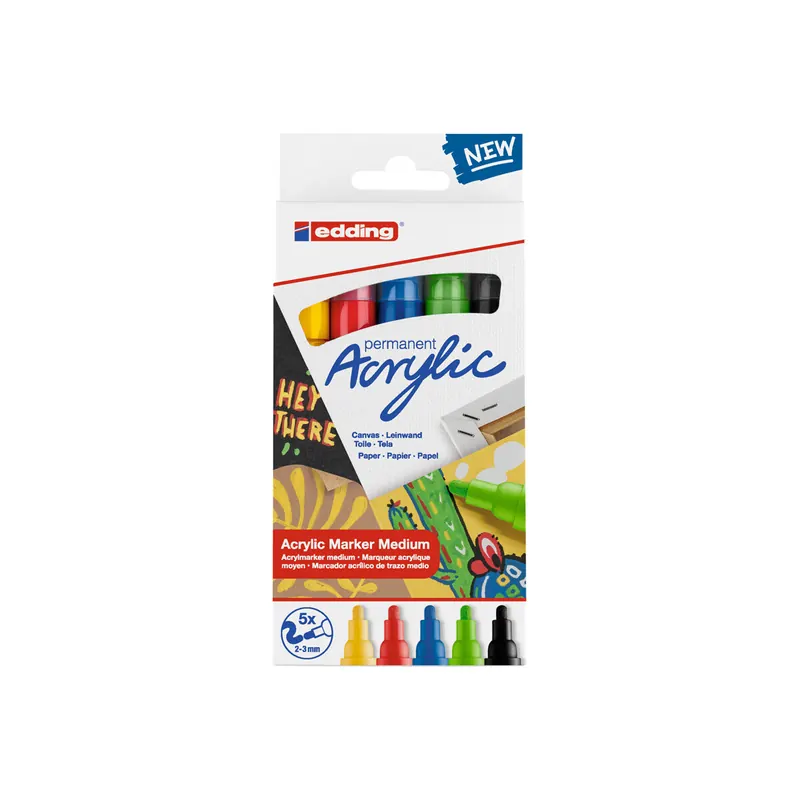 Acrylmarker edding 5100 - farbig sortiert basic 2-3 mm Rundspitze permanent 5er-Set