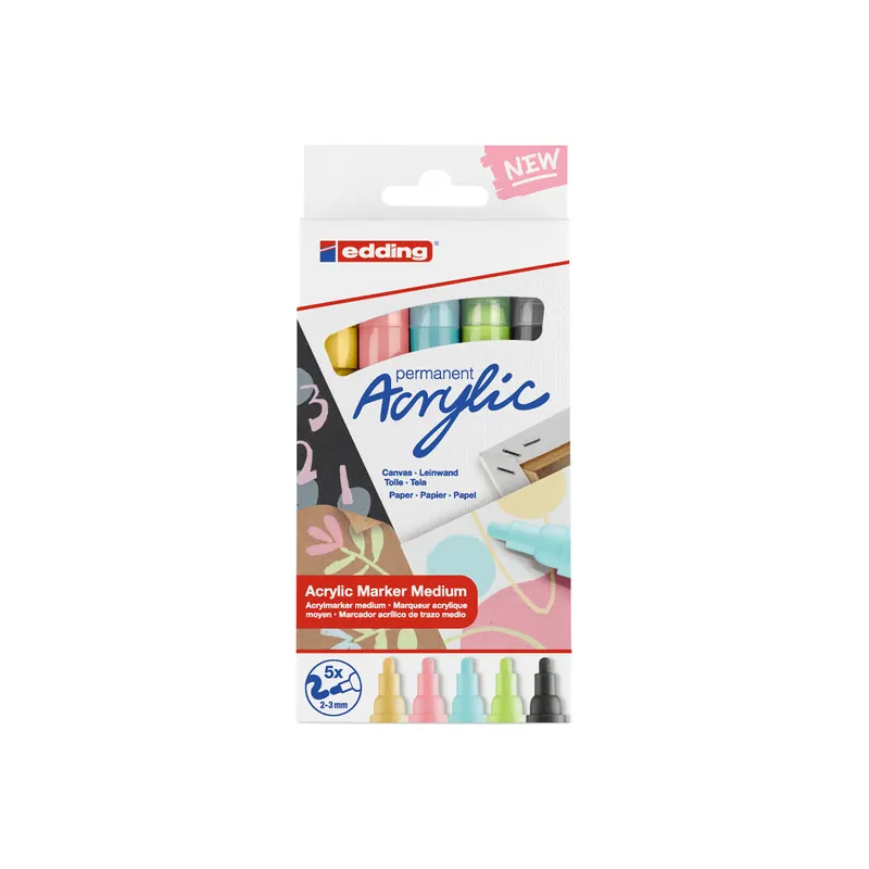 Acrylmarker edding 5100 - farbig sortiert pastell 2-3 mm Rundspitze permanent 5er-Set
