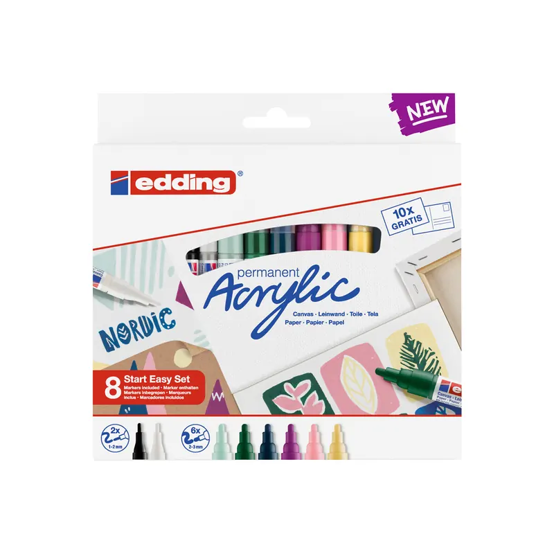Acrylmarker edding Acryl-Einstiegsset SES8N - farbig sortiert nordic verschiedene Strichbreiten permanent 8er-Set