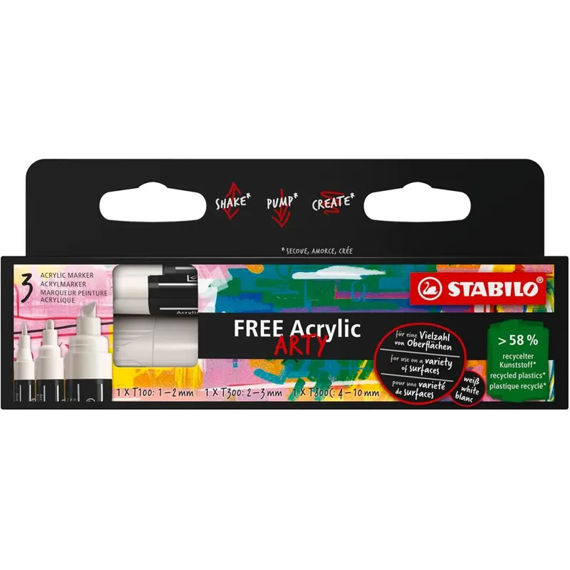 Acrylmarker - STABILO FREE Acrylic - 3er Pack - weiß - 3 verschiedene Spitzen