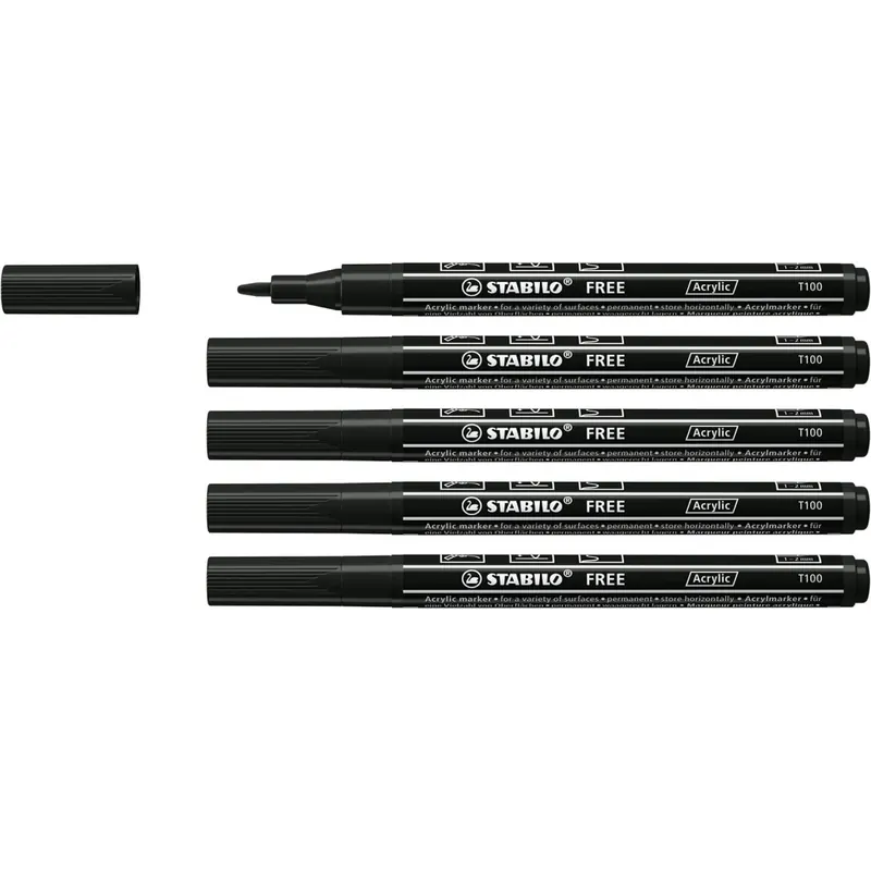 Acrylmarker - STABILO FREE Acrylic - T100 Rundspitze 1-2mm - 5er Pack - schwarz