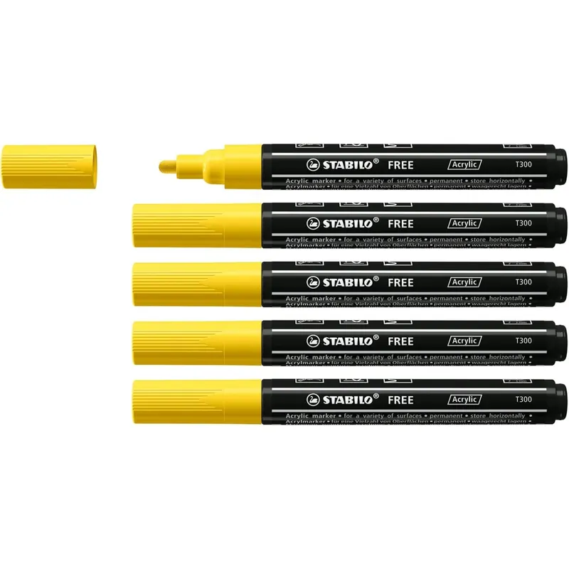 Acrylmarker - STABILO FREE Acrylic - T300 Rundspitze 2-3mm - 5er Pack - gelb