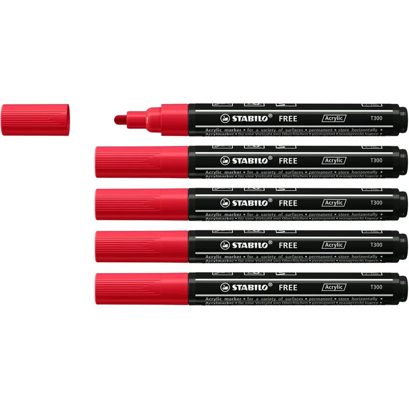 Acrylmarker - STABILO FREE Acrylic - T300 Rundspitze 2-3mm - 5er Pack - karmin