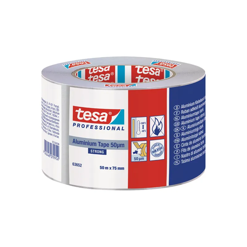 Aluminiumklebeband tesa Professional 63652 - 75 mm x 50 m farblos mit Liner für Industrie/Gewerbe-Anwendungen  Pckg/4