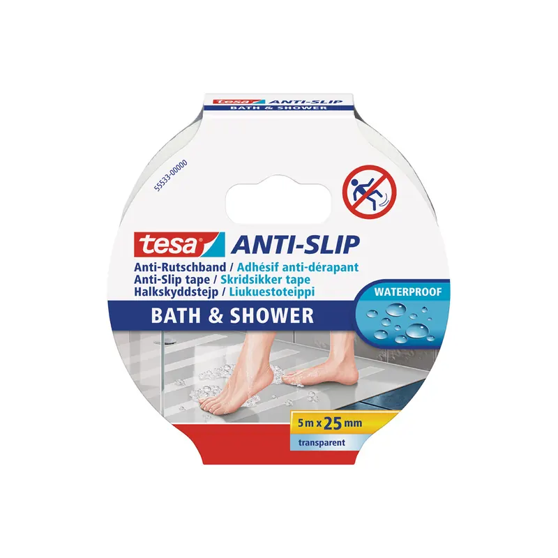 Antirutschband tesa 55533 - 25 mm x 5 m transparent selbstklebend wasserfest für Bad & Dusche