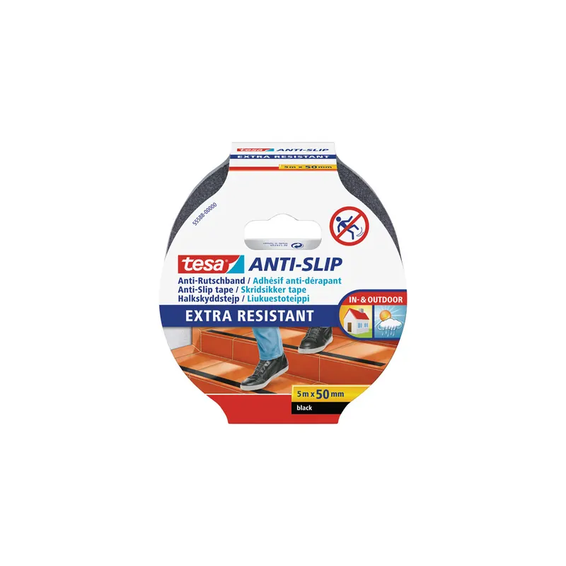 Antirutschband tesa 55588 - 50 mm x 5 m schwarz selbstklebend wasserfest Innen-/Außenanwendung für Treppen & Stufen  Pckg/6