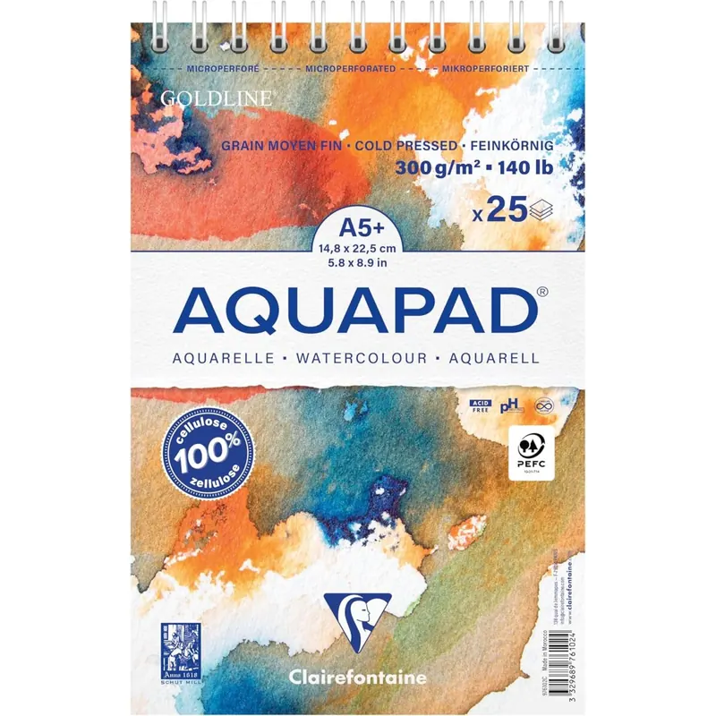 Aquapad Spiralblock Aquarell A5+, 14,8x22,5cm, 300g, 25 Blatt