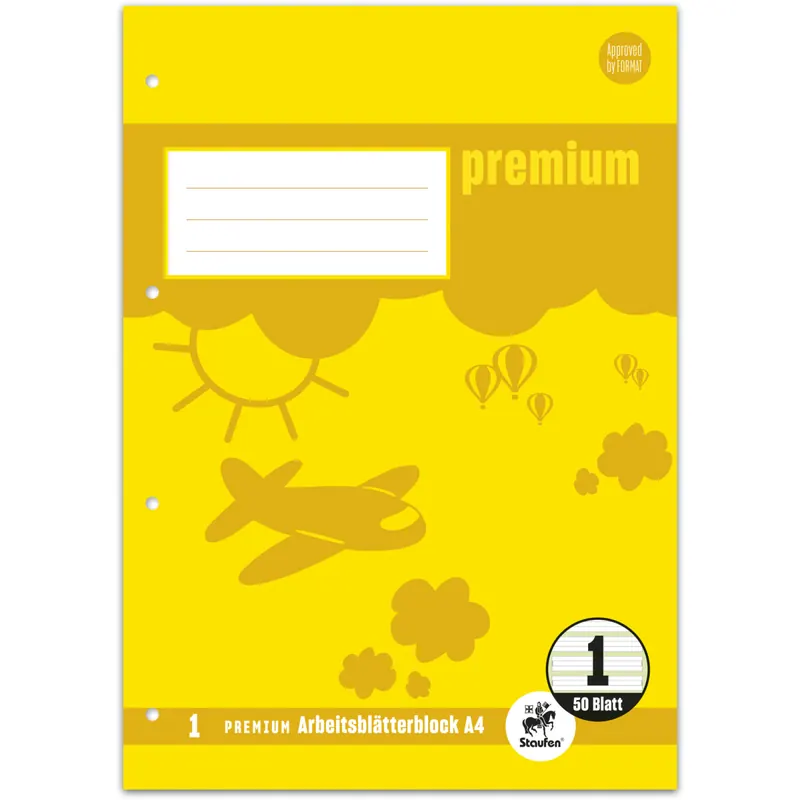 Arbeitsblätterblock Staufen Premium 734044201 - A4 210 x 297 mm liniert Lineatur01 vier Linien 5 mm 50 Blatt 4-Loch hochweißes Premiumpapier klimaneutral 90 g/m²