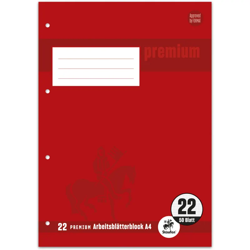 Arbeitsblätterblock Staufen Premium 734044242 - A4 210 x 297 mm kariert Lineatur22 5 x 5 mm 50 Blatt 4-Loch hochweißes Premiumpapier klimaneutral 90 g/m²