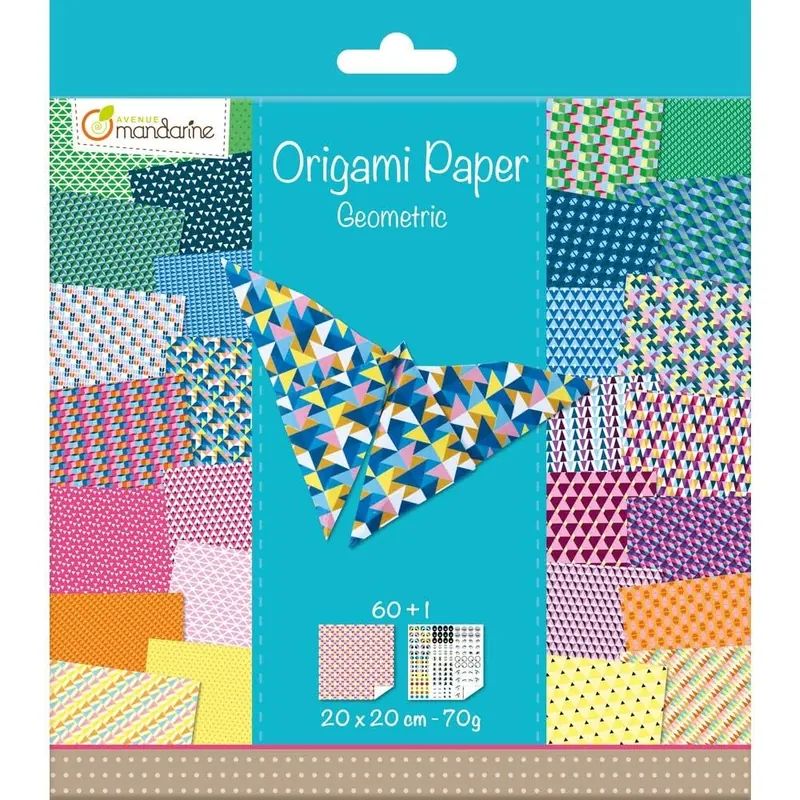 Avenue Mandarine 52501MD Origami color Papier (quadratisch, 20 x 20 cm, mit Faltanleitung, 60 verschiedenen Blätter und 1 Blatt mit Augenset, Geometrisch), Mehrfarbig