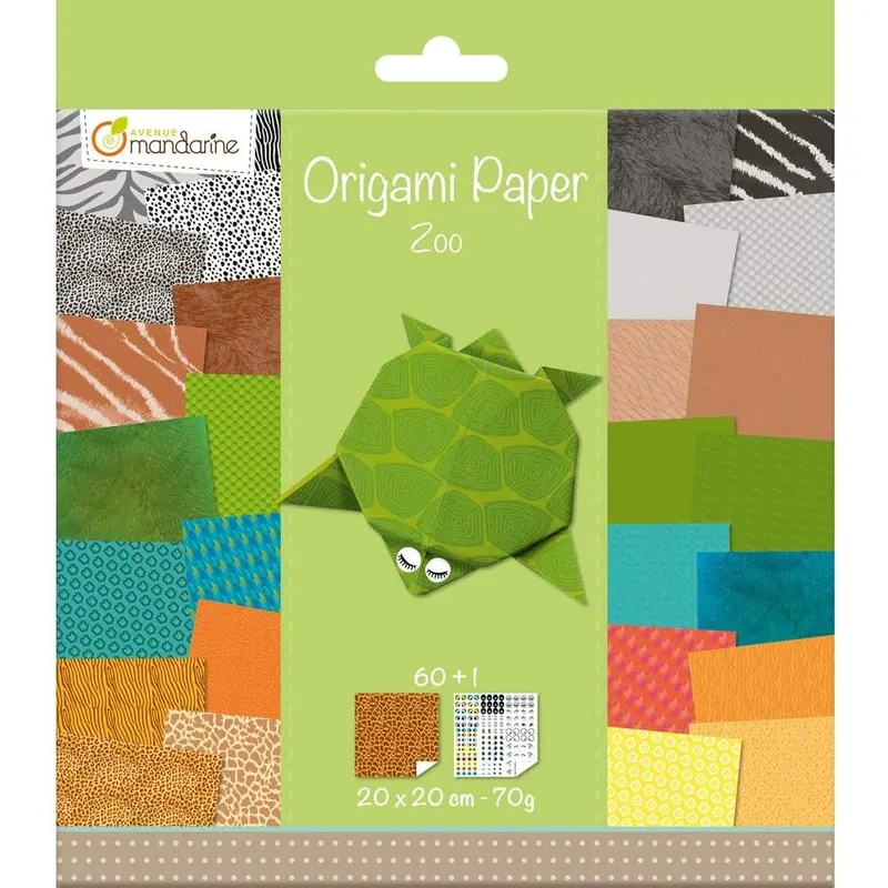 Avenue Mandarine 52504MD Origami color Papier (quadratisch, 20 x 20 cm, mit Faltanleitung, 60 verschiedenen Blätter und 1 Blatt mit Augenset, Zoo)