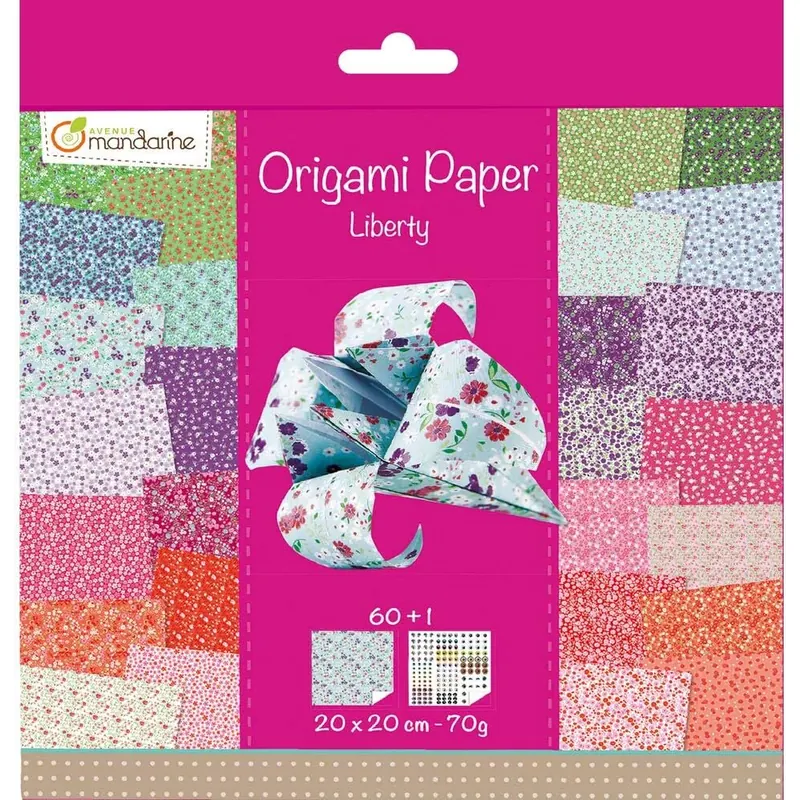 Avenue Mandarine 52509O Origami color Papier (quadratisch, 20 x 20 cm, mit Faltanleitung, 60 verschiedenen Blätter und 1 Blatt mit Augenset, Liberty)