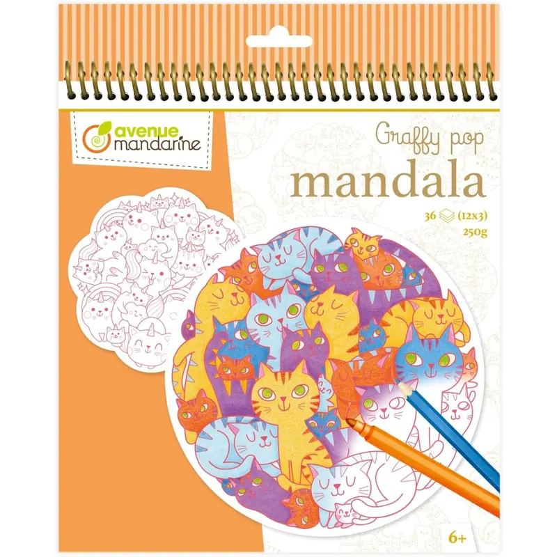 Avenue Mandarine - Ein Malbuch mit 36 Seiten, vorgeschnittene Mandalas zum Ausmalen – Motiv Katzen – 12 Designs x 3 Designs – Papier 250 g – 6 Jahre + – Graffy Pop Mandala GY142C