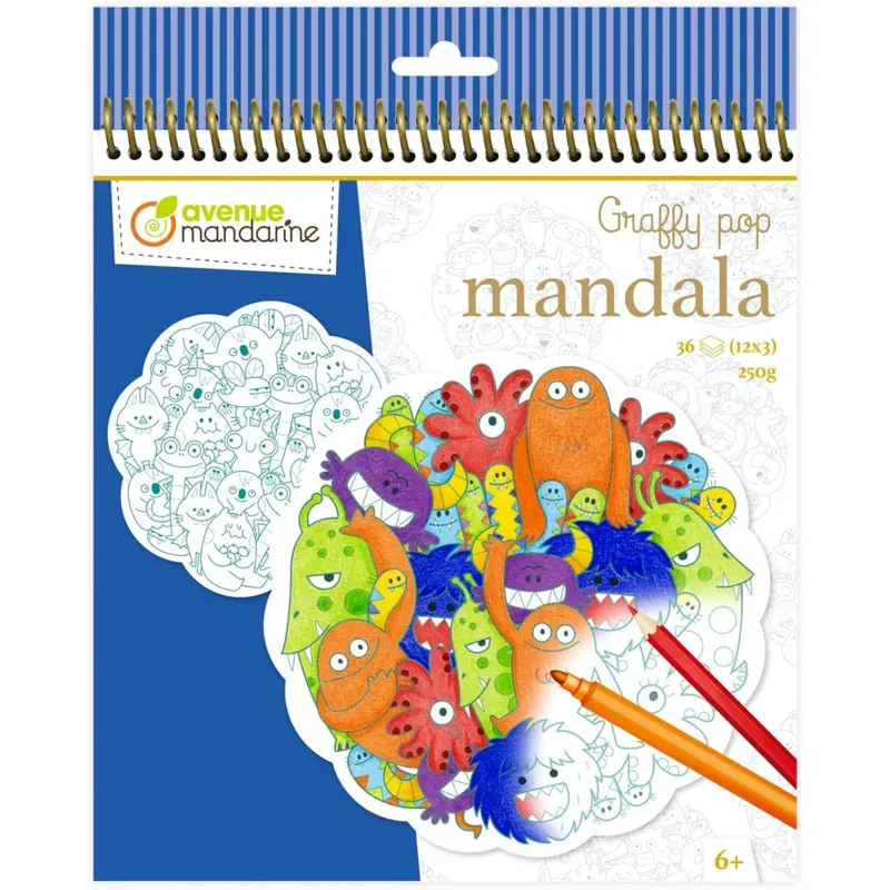 Avenue Mandarine - Ein Malbuch mit 36 Seiten, vorgeschnittene Mandalas zum Ausmalen – Motiv Monster – 12 Designs x3 – Papier 250 g – 6 Jahre + – Graffy Pop Mandala GY141C