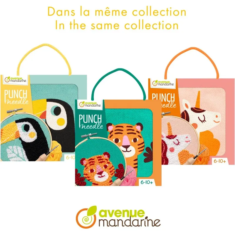 Avenue Mandarine - Ein Stickbild Punch Needle, Kreuzstich-Set für Kinder – ab 6 Jahren – Tiger zum Nähen Stoff 18 x 18 cm, Nadel Punch Needle, Nadel aus Kunststoff, Anleitung – KC151C