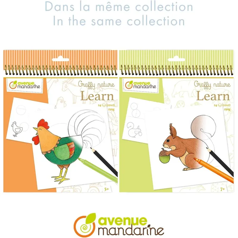 Avenue Mandarine - Ein Zeichenbuch mit Spiralbindung, Lernen zum Zeichnen – 24 Zeichnungen zum Nachspielen (12 Designs x2) – Papier 250 g – ab 5 Jahren – GY150C Graffy Learn