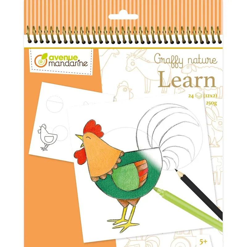 Avenue Mandarine - Ein Zeichenbuch mit Spiralbindung zum Zeichnen – Bauernhof – 24 Zeichnungen zum Nachspielen (12 Designs x2) – Papier 250 g – ab 5 Jahren – GY149C Graffy Learn