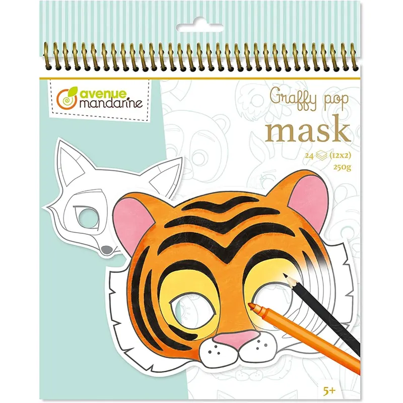 Avenue Mandarine GY023O - Malbuch Graffy pop mit vorgestanzten Masken zum Ausmalen, 250g Zeichenpapier gedruckt, 24 Blatt, 12 verschiedene Motive x 2, geeignet für Kinder ab 5 Jahren, Tiere, 1 Stück