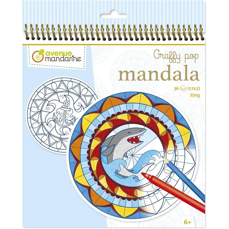 Avenue Mandarine GY028O Malbuch Graffy Pop Mandala, Zeichenpapier 250g, vorgestanzte Formen, 12 Motive wiederholen sich jeweils dreimal, ideal für Kinder ab 6 Jahren, 1 Stück, Blau