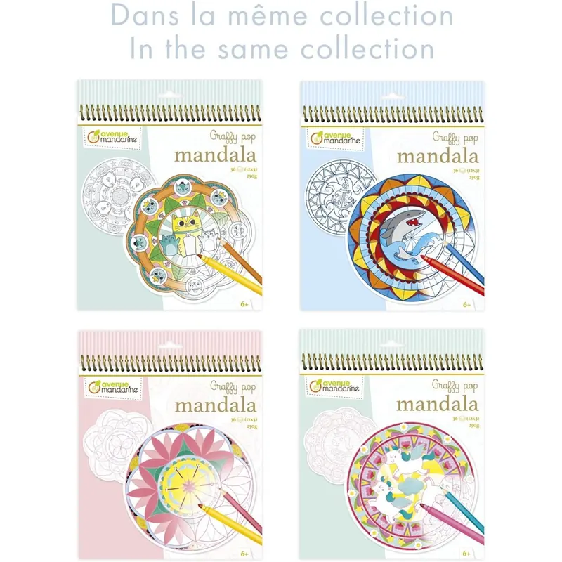 Avenue Mandarine GY030O Malbuch Graffy Pop Mandala, Zeichenpapier 250g, vorgestanzte Formen, 12 Motive wiederholen sich jeweils dreimal, ideal für Kinder ab 6 Jahren, 1 Stück, Tiere