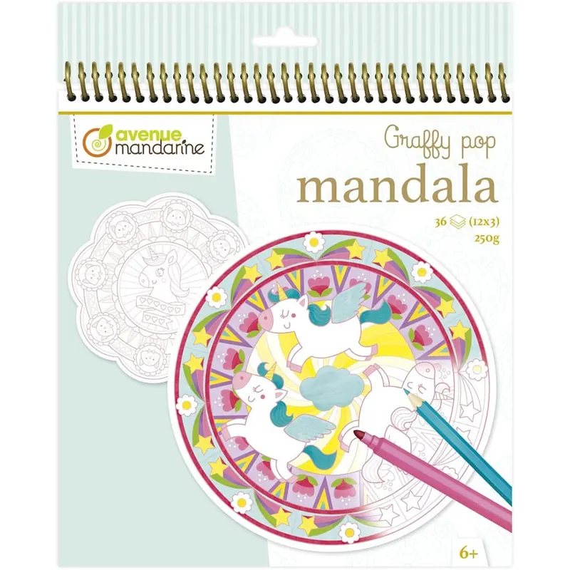 Avenue Mandarine GY071C Malbuch Graffy Pop Mandala, Zeichenpapier 250g, vorgestanzte Formen, 12 Motive wiederholen sich jeweils dreimal, ideal für Kinder ab 6 Jahren, 1 Stück, Magie