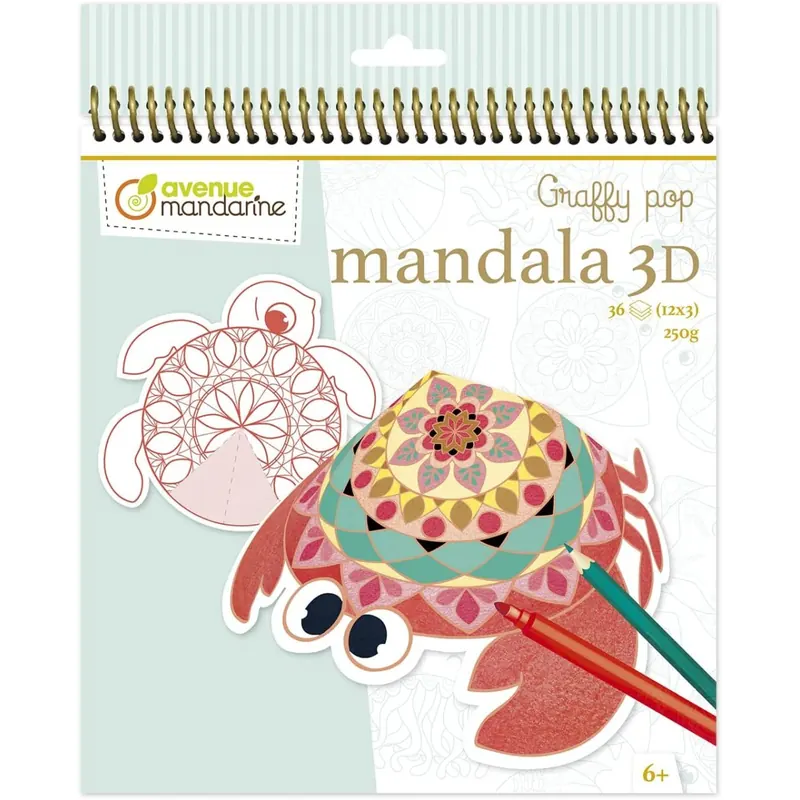 Avenue Mandarine GY094C - Malbuch Graffy Pop Mandala, Zeichenpapier 250g, vorgestanzte Formen, 12 Motive wiederholen sich jeweils dreimal, ideal für Kinder ab 6 Jahren, 1 Stück, 3D Mandala