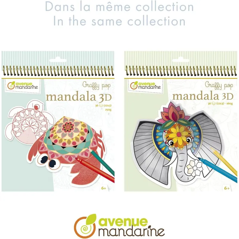 Avenue Mandarine GY106C Malbuch Graffy Pop Mandala, Zeichenpapier 250g, vorgestanzte Formen, 12 Motive wiederholen sich jeweils dreimal, ideal für Kinder ab 6 Jahren, 1 Stück, 3D Wildtiere
