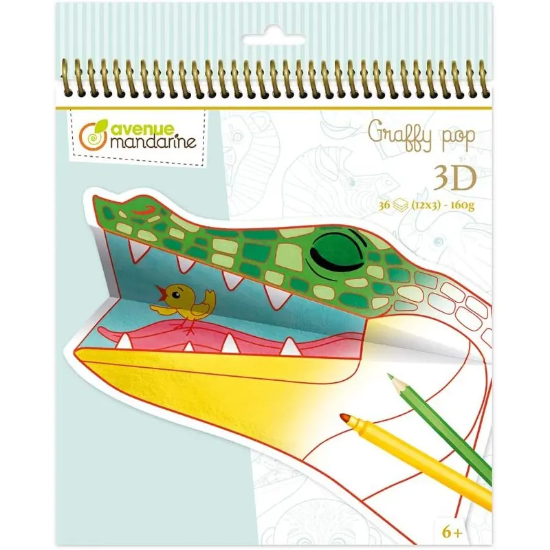 Avenue Mandarine GY107C Malbuch Graffy Pop Mandala, Zeichenpapier 250g, vorgestanzte Formen, 12 Motive wiederholen sich jeweils dreimal, ideal für Kinder ab 6 Jahren, 1 Stück, 3D Wildtiere