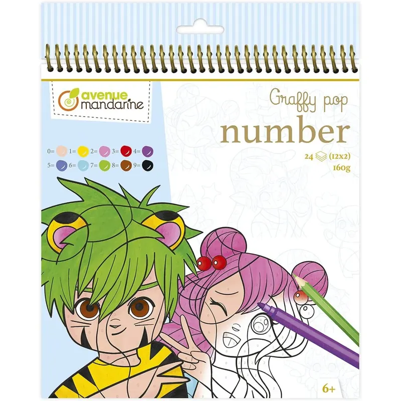 Avenue Mandarine GY108C - Graffy Pop Number, 24 Zeichnungen zum Ausmalen (12 Designs x 2), Manga, 1 Stück