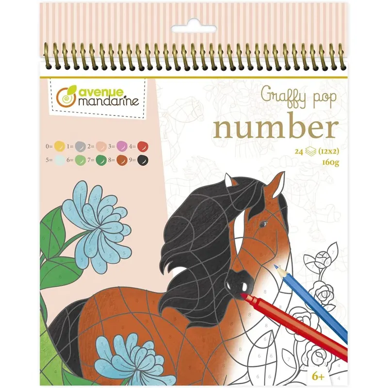 Avenue Mandarine GY109C - Graffy Pop Number, 24 Zeichnungen zum Ausmalen (12 Designs x 2), Pferde, 1 Stück
