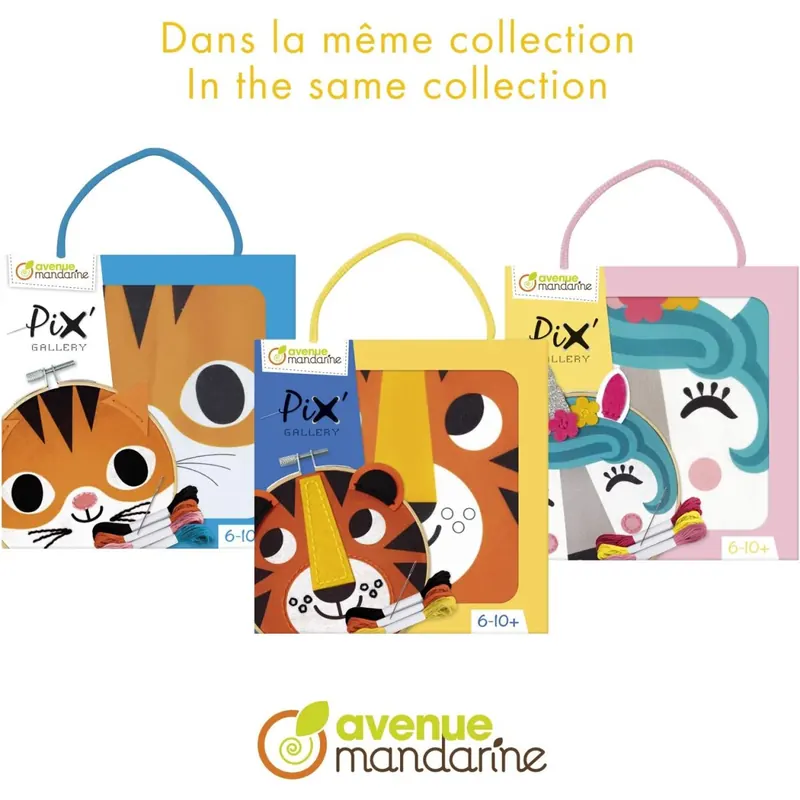 Avenue Mandarine KC119C - Kreativset Pix Gallery, kleines Tambourin 13x13cm zum Sticken und Nähen, ideal ab 6 Jahren, Tiger, 1 Set