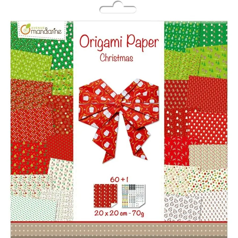 Avenue Mandarine OR506C - Packung mit 60 Blatt Origamipapier beidseitig bedruckt 20x20 cm, 70g (30 Motiven x2) + 1 Bogen mit selbstklebenden Augen, ideal für Kinder ab 7 Jahren, Christmas, 1 Pack