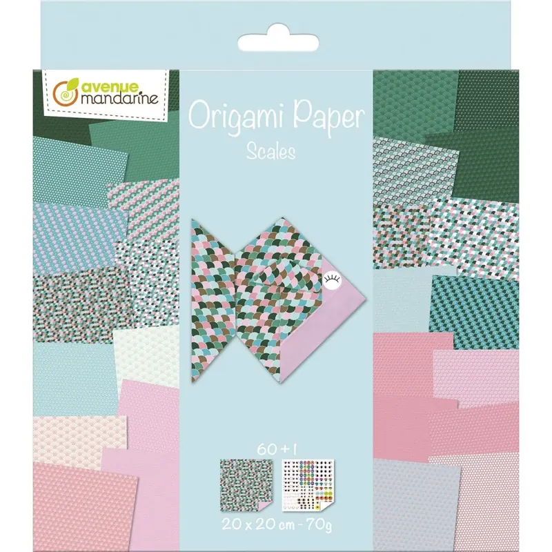 Avenue Mandarine OR511C - Packung Origami Papier mit 60 Blatt, beidseitig bedruckt, 20x20cm, 70g, + 1 Bogen Augen Stickers, ideal ab 7 Jahren, Schuppen, 1 Pack