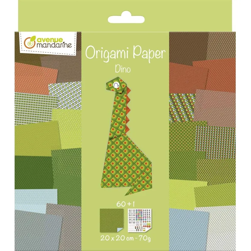 Avenue Mandarine OR512C - Packung Origami Papier mit 60 Blatt, beidseitig bedruckt, 20x20cm, 70g, + 1 Bogen Augen Stickers, ideal ab 7 Jahren, Dino, 1 Pack