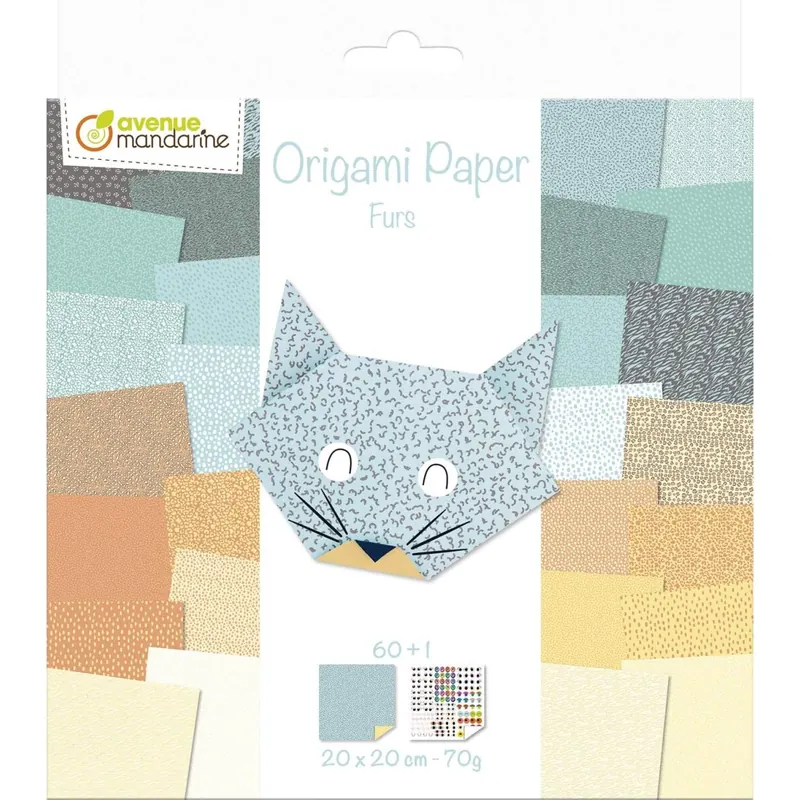 Avenue Mandarine OR513C - Packung Origami Papier mit 60 Blatt, beidseitig bedruckt, 20x20cm, 70g, + 1 Bogen Augen Stickers, ideal ab 7 Jahren, Fell, 1 Pack