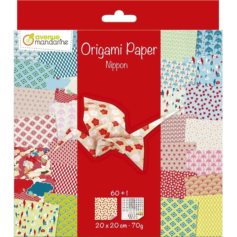 Avenue Mandarine OR514C - Packung Origami Papier mit 60 Blatt, beidseitig bedruckt, 20x20cm, 70g, + 1 Bogen Augen Stickers, ideal ab 7 Jahren, Nippon, 1 Pack